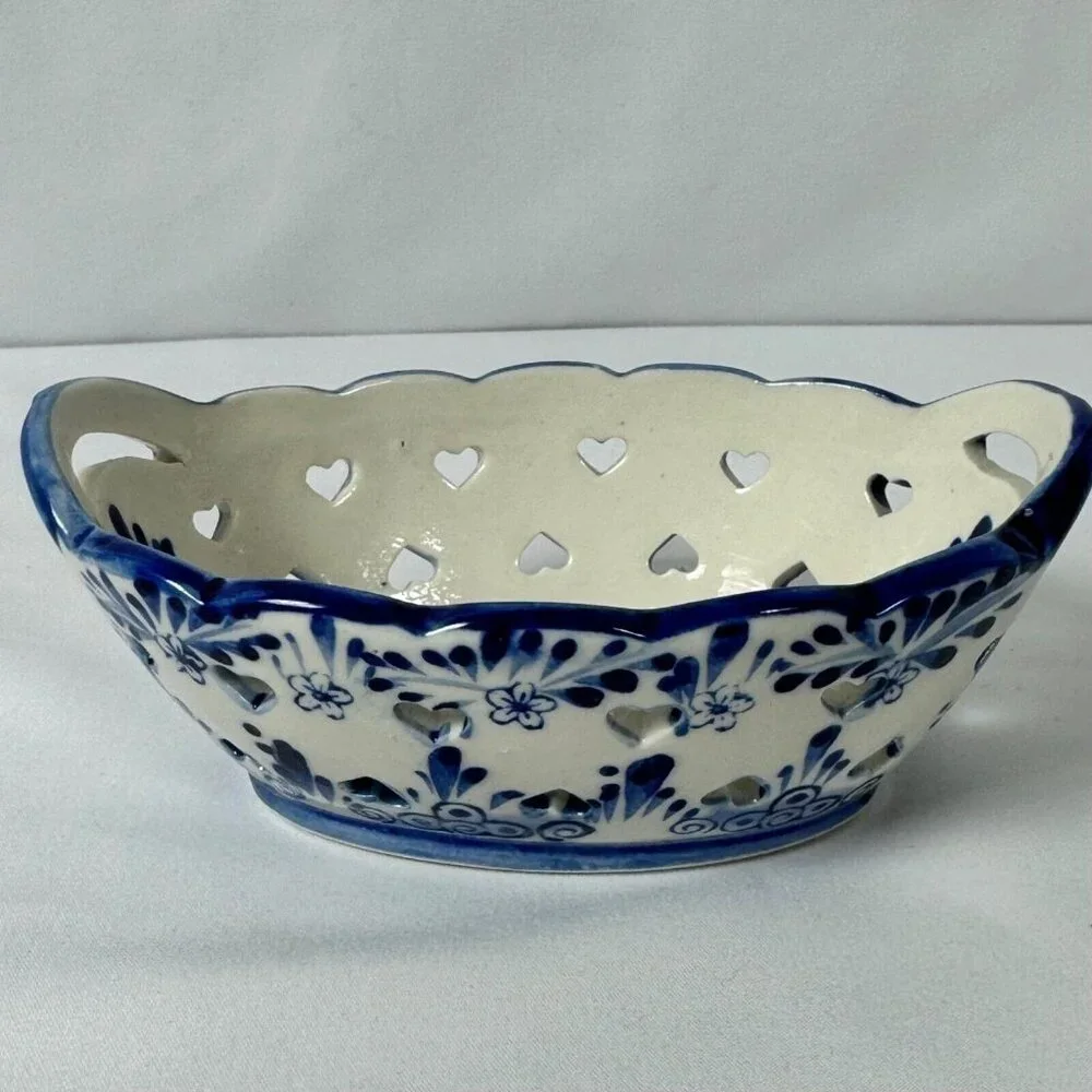 Small‎ Delft Blue Ceramic Basket Trinket Dish Windmill Hearts Holland Cobalt